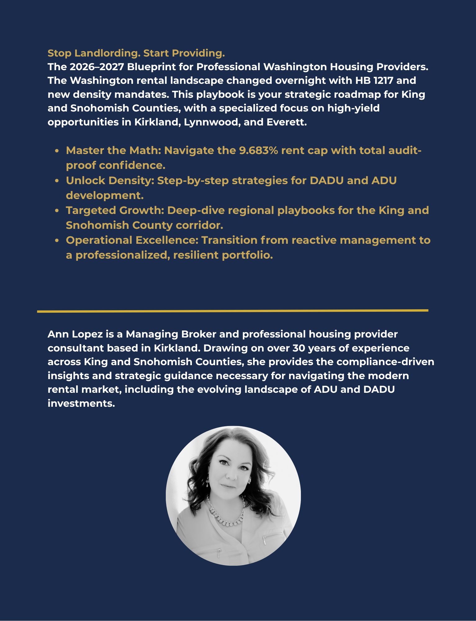 Back cover of The Washington Housing Provider’s Playbook with author blurb and 30-year industry experience.